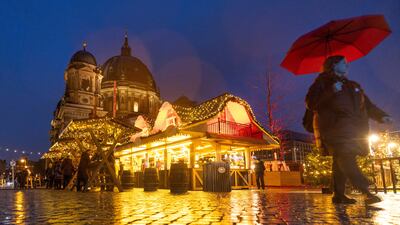 Lights and decorations at the outdoor Christmas market at Humboldt Forum in front of Berlin Cathedral. Reuters