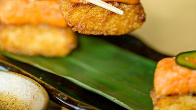 Spicy tuna wth jalapeno, spring onion and sriracha on crispy rice, Dh20 at Wakame