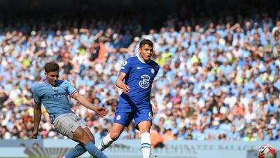 Julian Alvarez scores for City in their 1-0 win at the Etihad. Getty