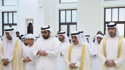 Sheikh Saud bin Rashid Al Mualla, Ruler of Umm Al Quwain, offers the Eid Al Adha prayer at Sheikh Ahmed bin Rashid Al Mualla Mosque in the emirate. Photo: Wam