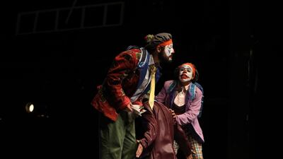 Mazen Abbas, right, and Hazem Zaidan perform during 'Three Stories'. EPA