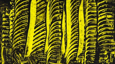 Sadr used calligraphic techniques to produce her abstract paintings, which echo Roy Lichtenstein’s brushstroke paintings. Courtesy The Mosaic Rooms