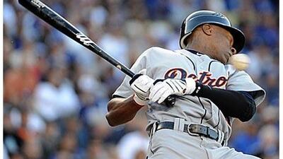 Austin Jackson avoids a pitch in a game against the Dodgers.