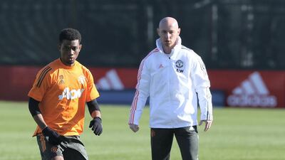 Amad Diallo of Manchester United in action during a first team training session at Aon Training Complex in Manchester, England. Getty Images