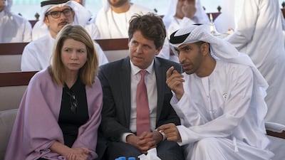 Dr Thani Al Zeyoudi, Minister for Climate Change and Environment, right, and Shriver family members attend a Sea Palace barza.