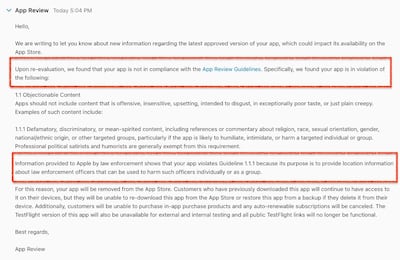In an email to ICEBlock's developer, Apple explained its rationale for pulling the app from its App Store.