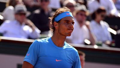 Rafael Nadal reacts during his quarter-final loss to Novak Djokovic at the French Open on Wednesday. Caroline Blumberg / EPA / June 3, 2015