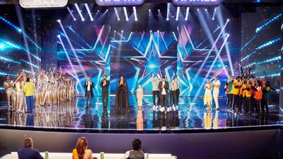 Arabs Got Talent contestants waiting for the audience verdicts. L-R: Galhoum Gymnastics Academy, Tambi Jamouq, Diya Al Din, Lowla Al Sharif, Nouf Al Hosseni, Black and White, Mauro and Mary and The Link. Picture supplied by MBC