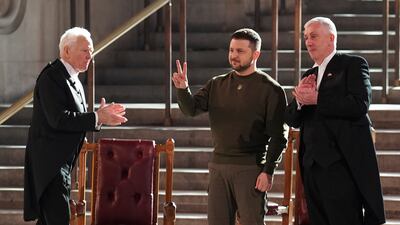 Mr Zelenskyy is applauded after his address to parliamentarians at Westminster Hall, London, in February 2023. AP