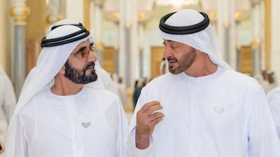 Sheikh Mohammed bin Rashid, Vice President and Ruler of Dubai, and Sheikh Mohamed bin Zayed, Crown Prince of Abu Dhabi and Deputy Supreme Commander of the Armed Forces, unveil the new Nation Brand on Wednesday. Wam