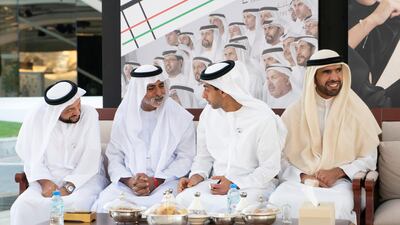 Sheikh Nahyan bin Mubarak Al Nahyan, UAE Minister of State for Tolerance (second left) and Sheikh Khaled bin Zayed, Chairman of the Board of Zayed Higher Organisation for Humanitarian Care and Special Needs (ZHO) (second right), attend a Sea Palace barza. Rashed Al Mansoori / Ministry of Presidential Affairs