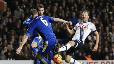 Tottenham's Harry Kane, right, in action with Leicester City's Robert Huth. Matthew Childs / Action Images