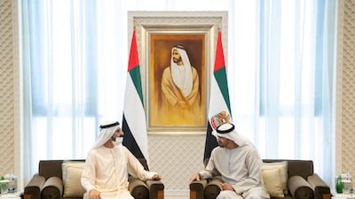 President Sheikh Mohamed and Sheikh Mohammed bin Rashid at the signing between Adnoc and Dusup at Qasr Al Watan.
