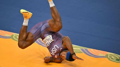 Kyle Garland of the US competes in the men's heptathlon high jump event during the World Athletics Indoor Championships in Torun, Poland. AFP