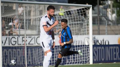 Inter Milan's Lautaro Martinez scores against FC Lugano in Switzerland, on July 12. EPA