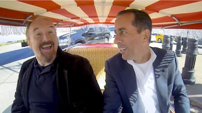 Louis C K, left, and Jerry Seinfeld in a still from the third season of the online talk show Comedians in Cars Getting Coffee. Courtesy Comedians in Cars Getting Coffee