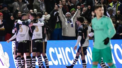 Unionistas players celebrate their goal during the Copa del Rey (King's Cup) football match between Unionistas de Salamanca CF and Real Madrid CF at Las Pistas del Helmantico stadium in Salamanca, on January 22, 2020. / AFP / JAVIER SORIANO