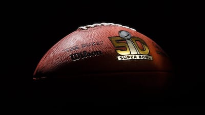 An official game ball for the NFL Super Bowl 50 American football match shown ahead of the February 7 contest (February 8 in UAE). Rick Osentoski / AP