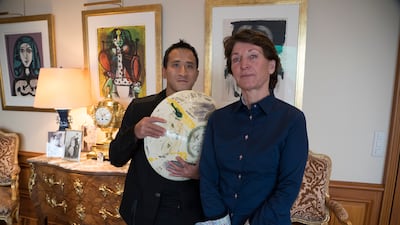 Marina Picasso, granddaughter of Pablo Picasso, and her son Florian Picasso are selling NFT's of the artist's ceramic artwork. AP