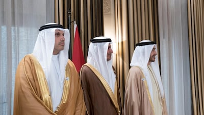 (L-R) Khaldoon Al Mubarak, chief executive and Managing Director Mubadala, Chairman of the Abu Dhabi Executive Affairs Authority and Abu Dhabi Executive Council Member, Ali Al Shamsi, Deputy Secretary-General of the UAE Supreme National Security Council and Sheikh Abdullah bin Zayed, Minister of Foreign Affairs and International Co-operation, attend an agreement signing at Al Husseiniya Palace. Essa Al Hammadi for the Ministry of Presidential Affairs