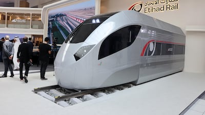 Etihad Rail exhibits plans for the network at the Global Rail Transport Infrastructure Exhibition and Conference in Abu Dhabi. Pawan Singh / The National