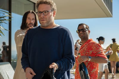 Keanu Reeves as Gabriel, Seth Rogen as Jeff, and Aziz Ansari as Arj in Good Fortune. Photo: Lionsgate
