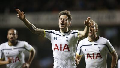 Tottenham Hotspur's Ryan Mason, centre, celebrates his goal against Nottingham Forest during their League Cup victory on Wednesday. Lefteris Pitarakis / AP / September 24, 2014