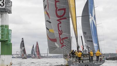 Abu Dhabi Ocean Racing's Azzam sails during the final in-port race of the Volvo Ocean Race in Gothenburg, Sweden on Saturday.