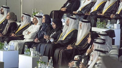 From left to right, Omar bin Sultan Al Olama, UAE Minister of State for Artificial Intelligence, Ohood Al Roumi, UAE Minister of State for Happiness and Wellbeing, Nasser bin Thani Juma Al Hamli, UAE Minister of Human Resources and Emiratisation, Ahmed Abdullah Humaid Belhoul Al Falasi, UAE Minister of State for Higher Education, Jameela Salem Al Muhairi, UAE Minister of State for Public Education Affairs, Hessa Essa Buhumaid, UAE Minister of Community Development, Dr Sultan Al Jaber, UAE Minister of State, Chairman of Masdar and CEO of ADNOC Group, and Dr Thani Al Zeyoudi, UAE Minister for Climate Change and Environment, attend the opening ceremony of The Founder's Memorial. Mohamed Al Hammadi / Crown Prince Court - Abu Dhabi