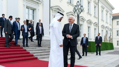 Mr Steinmeier bids farewell to Sheikh Mohamed bin Zayed after a meeting at the Bellevue Palace. Ministry of Presidential Affairs