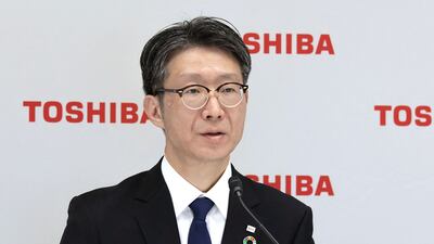 Taro Shimada, who replaces Toshiba chief executive Satoshi Tsunakawa, attends an online press conference in Tokyo. AFP