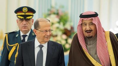 Saudi King Salman welcomes Lebanon's president Michel Aoun in Riyadh. Courtesy of Saudi Royal Court via Reuters