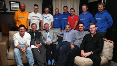 Alex Ferguson, front, third left, takes a picture on Tuesday with Rory McIlroy, front, far left, and the rest of the European Ryder Cup team ahead of the 2014 Ryder Cup which begins on Friday. Ross Kinnaird / Getty Images / September 23, 2014