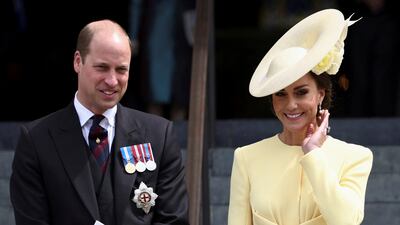 Britain's Kate, Duchess of Cambridge and Prince William leave after a service of thanksgiving for the reign of Queen Elizabeth II at St Paul’s Cathedral in London Friday June 3, 2022 on the second of four days of celebrations to mark the platinum jubilee. AP