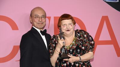 Presenter Harold Koda and honoree Lynn Yaeger, winner of the Media Award in Honour of Eugeina Sheppard at the 2019 CFDA fashion awards at the Brooklyn Museum in New York City on June 3, 2019. AP