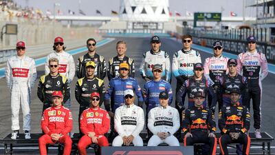 Abu Dhabi, United Arab Emirates, December 1, 2019. Formula 1 Etihad Airways Abu Dhabi Grand Prix. -- 2019 F1 drivers gruop photo before the race. Victor Besa / The National Section: SP Reporter: Simon Wilgress-Pipe
