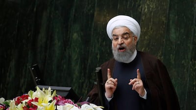 Iranian president Hassan Rouhani delivers a speech to parliament in Tehran on August 15, 2017, during which he warned of the possibility of Iran pulling out of the nuclear deal signed with world powers. Abedin Taherkenareh / EPA