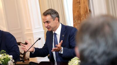 Greek Prime Minister Kyriakos Mitsotakis speaks at Maximos Mansion.
