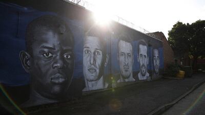 Murals of Leicester City’s Marc Albrighton, Robert Huth, Christian Fuchs, Danny Simpson and Chelsea’s N’Golo Kante outside the ground before the match. Darren Staples / Reuters
