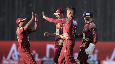 Norther Warrior's Chris Green celebrates taking the wicket of TeamAbu Dhabi batsman Niroshan Dickwella. Chris Whiteoak / The National