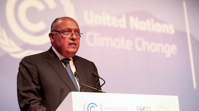 Cop27 President Sameh Shoukry speaks at the climate change conference in Sharm El Sheikh on Sunday. EPA