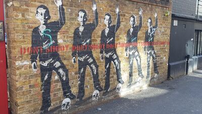 A political piece of street art in Shoreditch, east London. Photo by Rosemary Behan