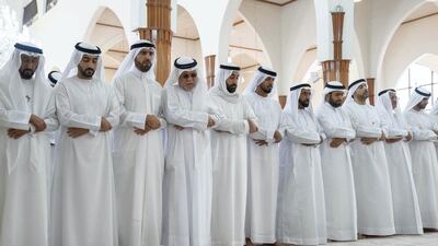 Members of the Al Qasimi family, sheikhs and dignitaries attend the funeral prayers of Sheikh Khalid, son of the Sharjah Ruler, on Wednesday. Wam