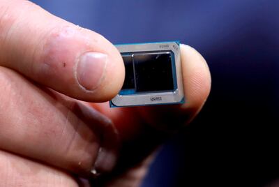 An Intel Tiger Lake chip is displayed at a news conference. Reuters