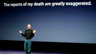 File: Apple CEO Steve Jobs speaks at an Apple event in San Francisco, Tuesday, Sept. 9, 2008. Jobs joked about the speculation on his health Tuesday, kicking off an Apple event by flashing a message on a screen that "The reports of my death are greatly ex???