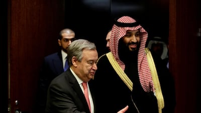 Saudi Arabia's Crown Prince Mohammed bin Salman walks into a room with UN Secretary- General Antonio Guterres before a photo opportunity at the United Nations headquarters in the Manhattan borough of New York City. Amir Levy / Reuters