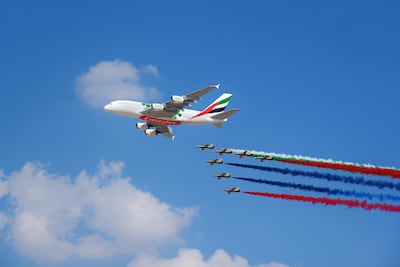 An Emirates A380 leads the opening of the Dubai Airshow 2019.