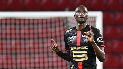 Rennes forward Serhou Guirassy celebrates after scoring the equaliser. AFP