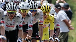 Tadej Pogacar, in yellow, and his UAE Team Emirates-XRG colleagues. Photo: Supplied