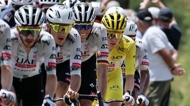 Tadej Pogacar, in yellow, and his UAE Team Emirates-XRG colleagues. Photo: Supplied